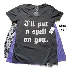 Black Purple I'll Put A Spell On You Halloween Tee With Mesh Witch Cape XS NEW